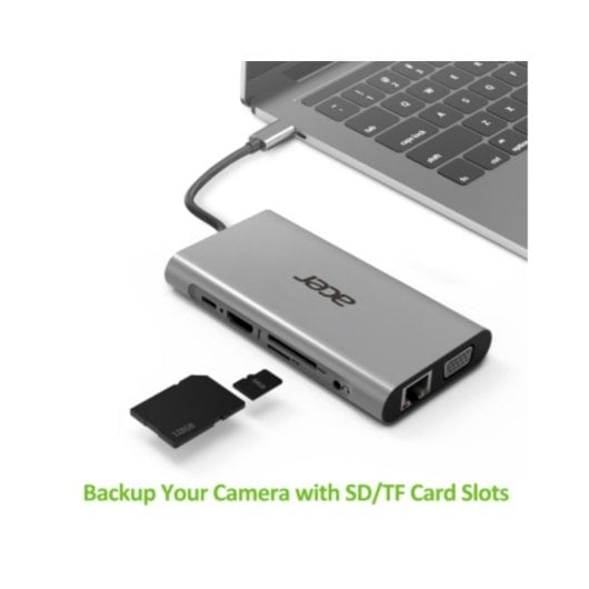 Hub USB-C Acer HP.DSCAB.002 3x USB-A HDMI VGA RJ-45 Leitor SD MicroSD Prata