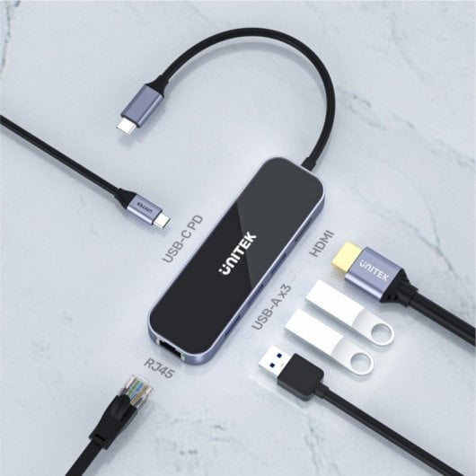 Hub UNITEK 5 puertos 1000 Mbit/s uHUB H6 USB-C PD 100 W HDMI 4K Ultra HD Ethernet