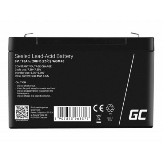 Batteria Green Cell AGM40 6V 15Ah VRLA AGM Nera 1 pezzo