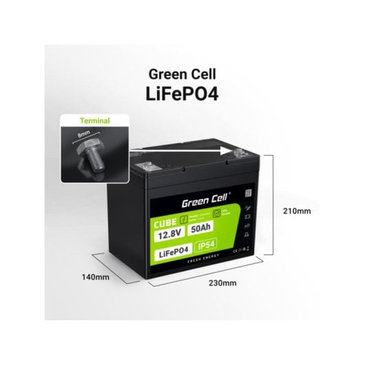 Batteria Green Cell LFPGC12V50AH LiFePO4 12V 50Ah 640Wh IP54 Nero Verde
