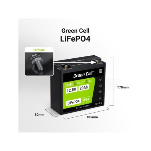 Batteria Green Cell LFPGC12V20AH LiFePO4 12,8 V 20 Ah 256 Wh IP54 Nero Verde