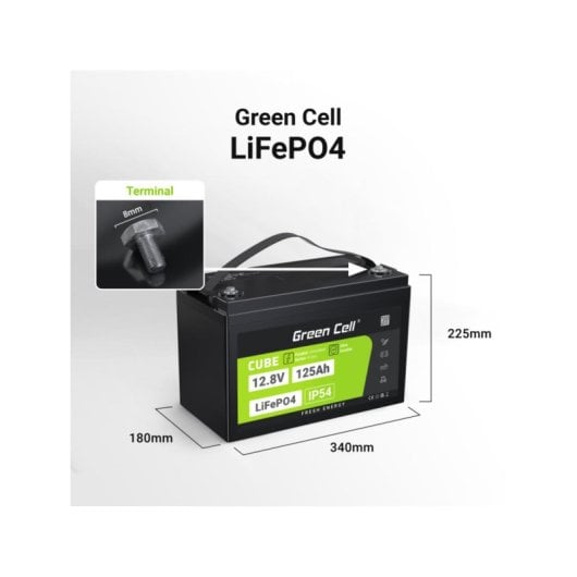 Batteria Green Cell CUBE LiFePO4 125Ah 12.8V 1600Wh IP54 per camper e barca