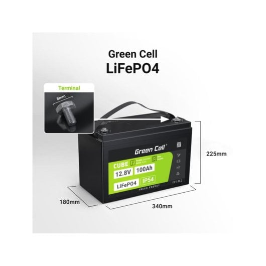 Batterie Green Cell LFPGC12V100AH LiFePO4 12,8 V 100 Ah 1280 Wh IP54 Noir Vert
