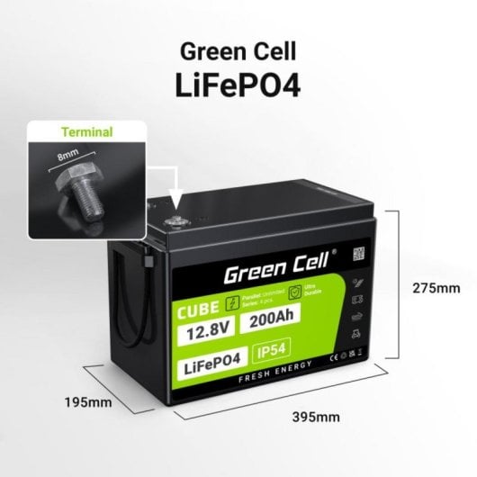 Batterie Green Cell LFPGC12V200AH LiFePO4 200Ah 12,8V Schwarz Gruen IP54 2560Wh