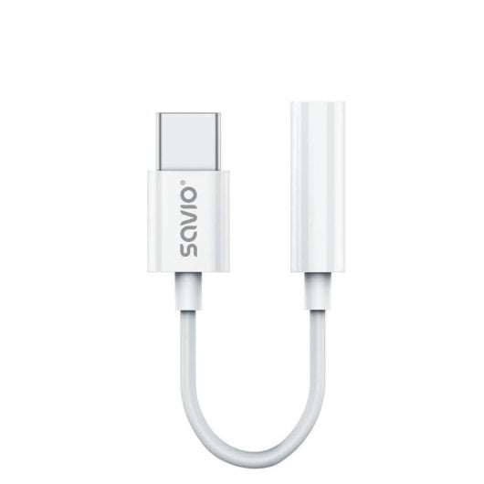 Adaptateur audio Savio AK-51 USB-C vers Mini Jack 3,5 mm DAC Blanc 11 cm