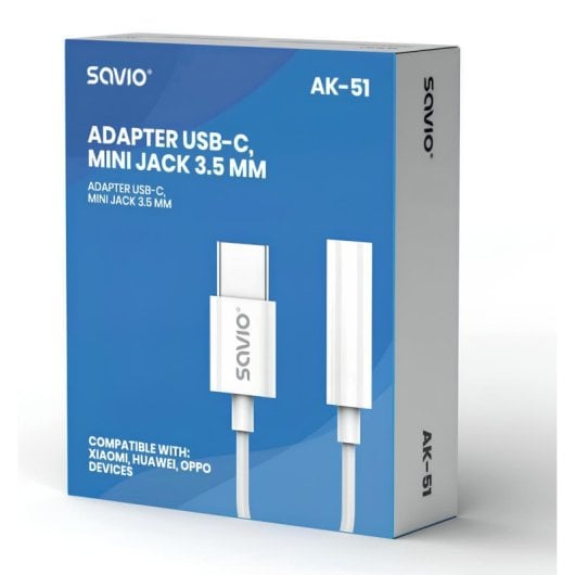 Adaptateur audio Savio AK-51 USB-C vers Mini Jack 3,5 mm DAC Blanc 11 cm