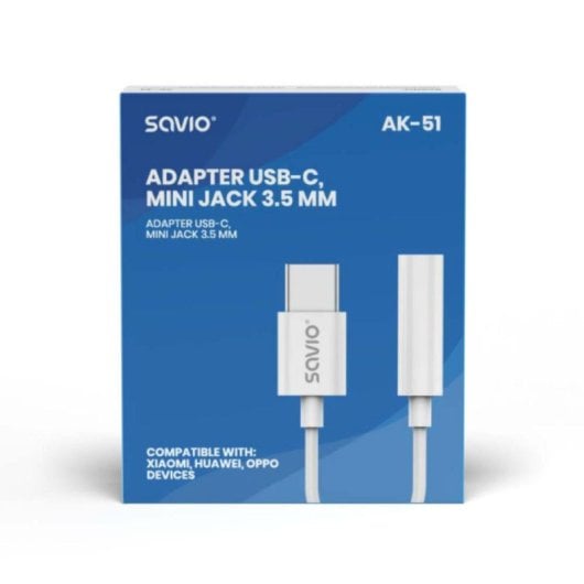 Adaptateur audio Savio AK-51 USB-C vers Mini Jack 3,5 mm DAC Blanc 11 cm