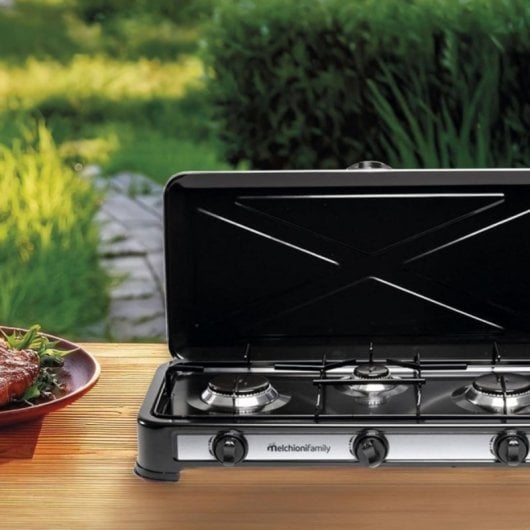 Hornillo a gas Melchioni Family Minerva New 3 portátil 3 quemadores exterior negro