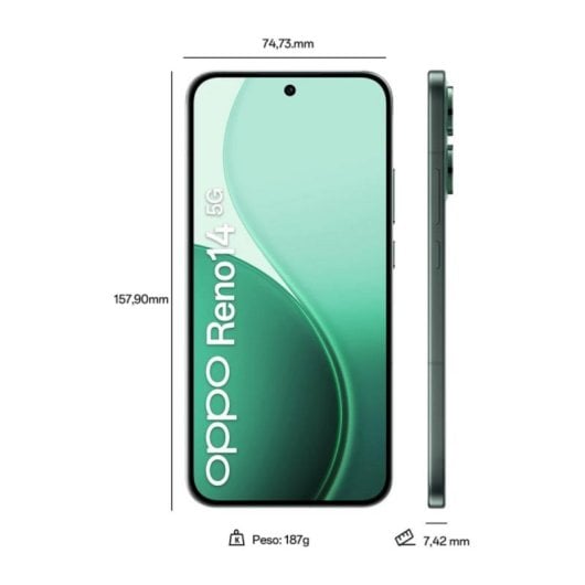 Oppo Reno14 12GB 512GB 6.59" AMOLED 120Hz 5G Dual SIM Cámara 50MP IP68 Android Verde