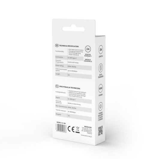 Cable USB C Savio CL-160 2 m 100W carga rápida y datos negro