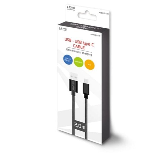 Cable USB Savio CL-129 2m USB A a USB C Negro 2.1A
