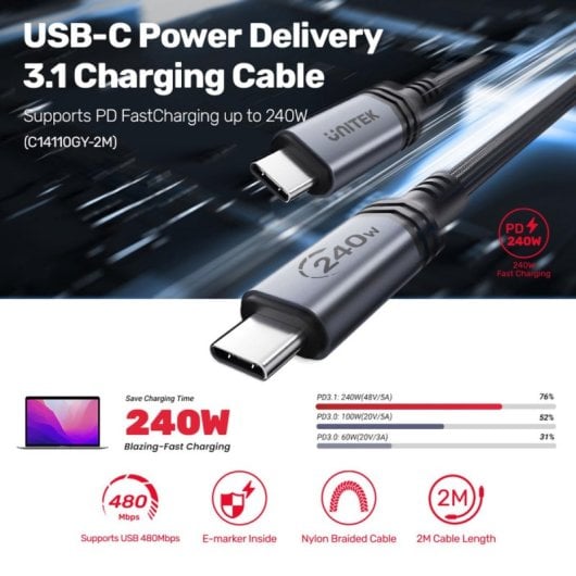 Cable USB C UNITEK C14110GY-2M 2 m USB 3.2 Gen 1 carga rápida 240 W negro