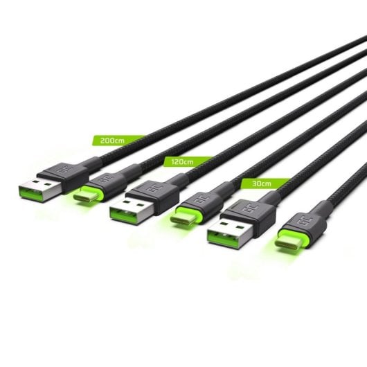 Cable USB Green Cell KABGCSET01 2 m USB-A a USB-C Iluminación LED 3 Unidades