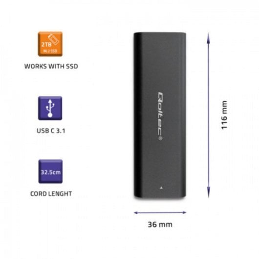 Caja SSD Externa Qoltec 50311 M.2 SATA USB Type-C Negro Compacta