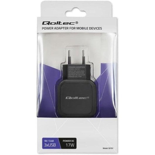 Qoltec 50191 Carregador Universal Interior 3x USB Tipo C 17W Preto