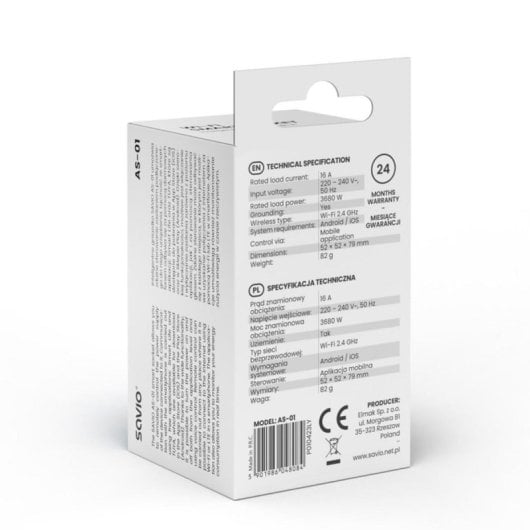 Tomada Inteligente Savio AS-01 Wi-Fi 16A 3680W Controlo Energia