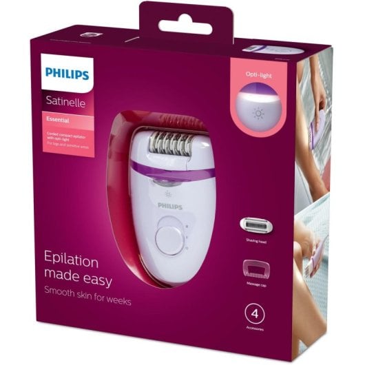 Epilierer Philips Satinelle Essential Compact Kabel Opti-Light Massager Prün Violett