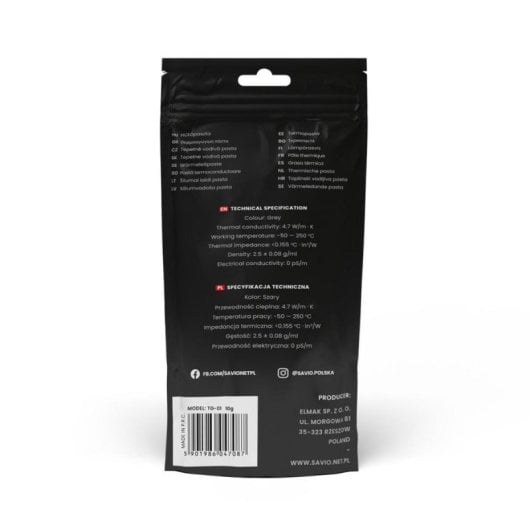 Pasta térmica Savio TG-01 4,7 W/m·K 4 g Carbono Negro