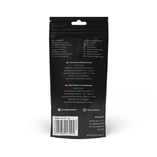 Pasta térmica Savio TG-02 8.5 W/m·K Carbono 4 g Negro