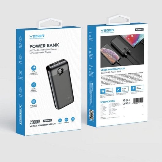 PowerBank Veger L20 20000mAh Preto Carga Rápida 20W LCD USB-C USB-A