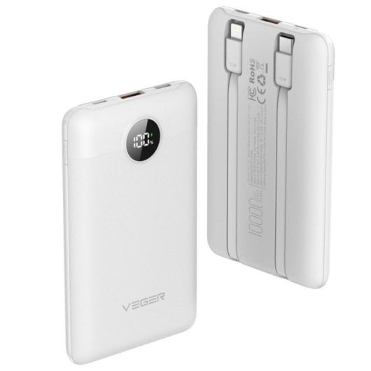PowerBank Veger 10000mAh LCD 22.5W Carga Rápida Cabos Integrados