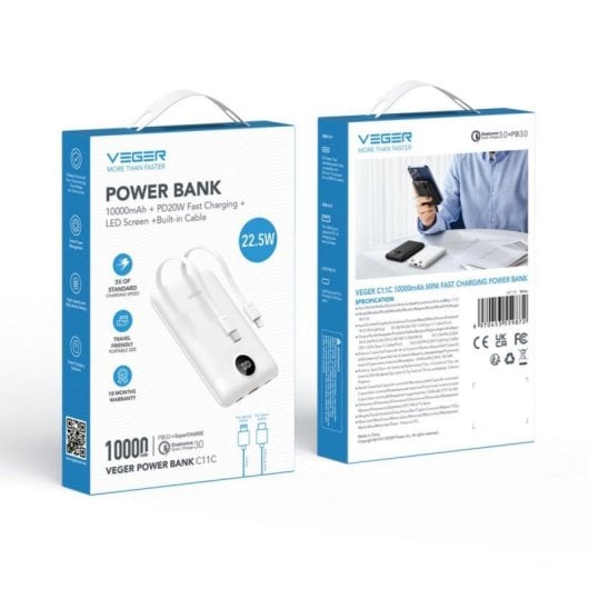PowerBank Veger 10000mAh LCD 22.5W Carga Rápida Cabos Integrados