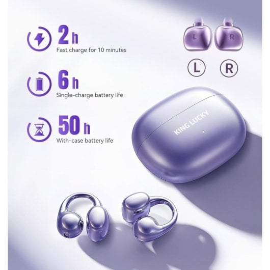 Auriculaires Kinglucky Clip-on sans fil Bluetooth 5.4, sport et appels, réduction de bruit, violets