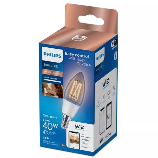 Lâmpada Inteligente Philips C35 E14 Filamento Transparente LED 4,9W Regulável