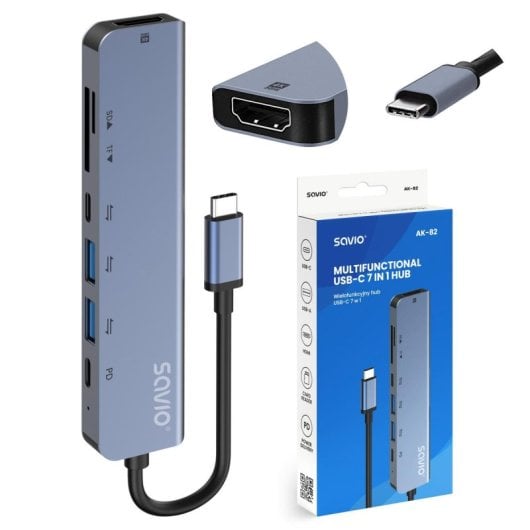 Hub Savio 7 portas 5 Gbps modelo AK-82 HDMI 4K USB-C, USB-A, leitor SD/microSD, Power Delivery