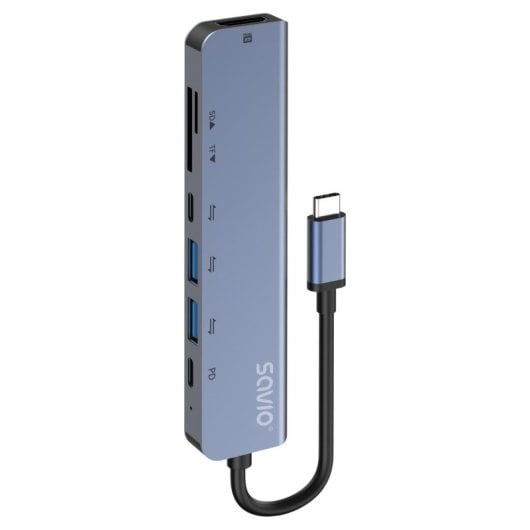 Hub Savio 7 portas 5 Gbps modelo AK-82 HDMI 4K USB-C, USB-A, leitor SD/microSD, Power Delivery