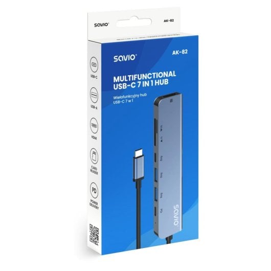 Hub Savio 7 portas 5 Gbps modelo AK-82 HDMI 4K USB-C, USB-A, leitor SD/microSD, Power Delivery