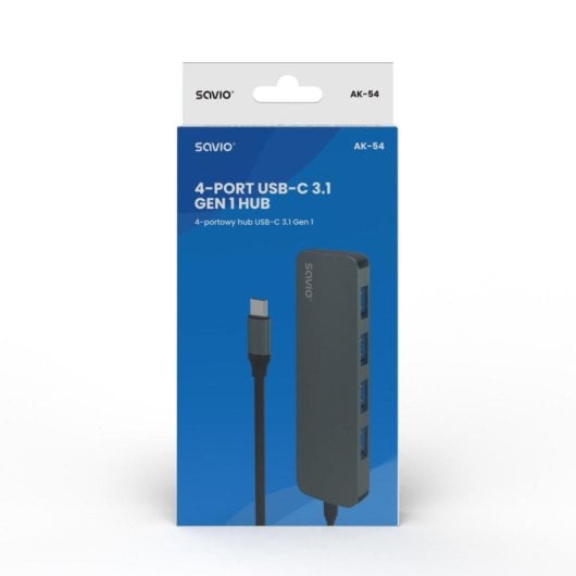 Hub Savio 4 portas 5 Gbps AK-54 USB-C compacto alumínio