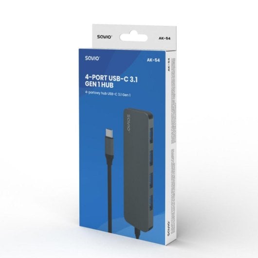 Hub Savio 4 portas 5 Gbps AK-54 USB-C compacto alumínio
