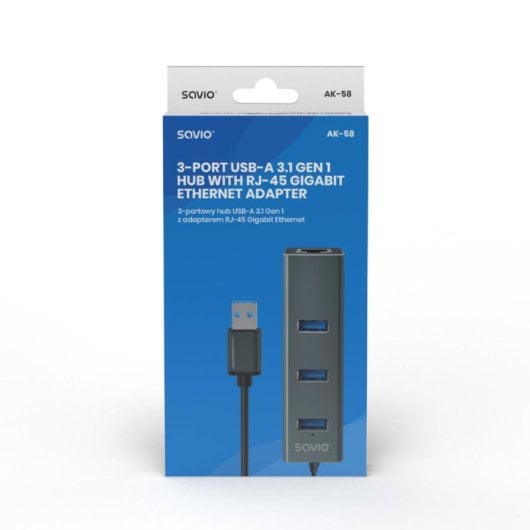Hub Savio 3 portas 5 Gbps AK-58 com adaptador RJ-45 Ethernet