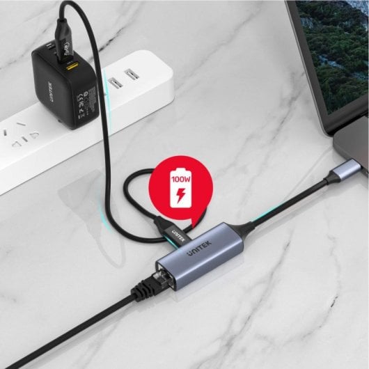 UNITEK U1323A Adaptador USB-C para RJ-45 e USB-C 100W Alumínio