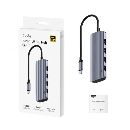 Hub Cudy 6 puertos 5000 Mbit/s UH500 HDMI USB-C y USB-A aluminio