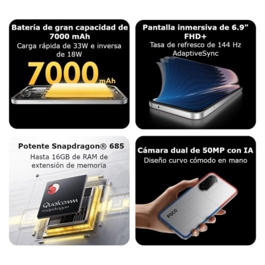 POCO M7 8GB 256GB 6.9" FHD+ 144Hz 4G Dual SIM NFC Cámara 50MP Batería 7000mAh 33W IP64 Plata