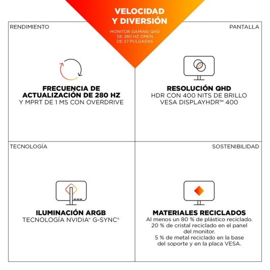 Monitor HP OMEN 27qs G2 27" QHD 280 Hz HDR 400 1ms HDMI AMD FreeSync Compatible con Consolas Negro