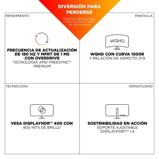 HP OMEN 34c G2 Monitor Curvo 34" UltraWide Quad HD 180Hz VA Display HDR 400 1ms