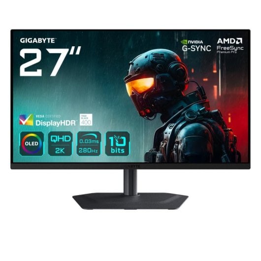 GIGABYTE MO27Q2A Monitor OLED 27" QHD 280Hz 0,03ms FreeSync Pro G-SYNC com Altura Ajustável, USB e HDR400