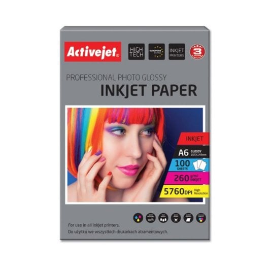 Papel fotográfico Activejet AP6-260GR100 A6 260 g/m² 100 folhas brilho