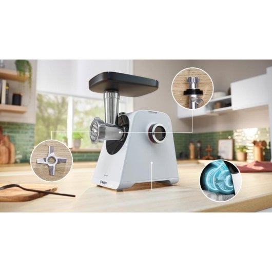 Hachoir Bosch MFWS420W 1300W Blanc Inox 2 vitesses câble 1 m