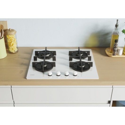 Plaque de cuisson Candy CVG6WW 59 cm gaz verre trempé 4 zones blanche intégrée
