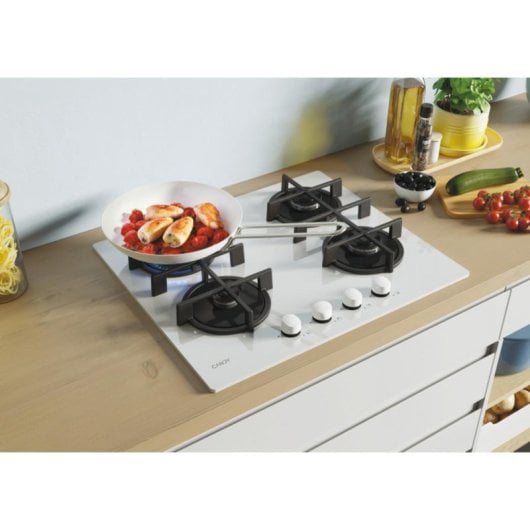 Plaque de cuisson Candy CVG6WW 59 cm gaz verre trempé 4 zones blanche intégrée