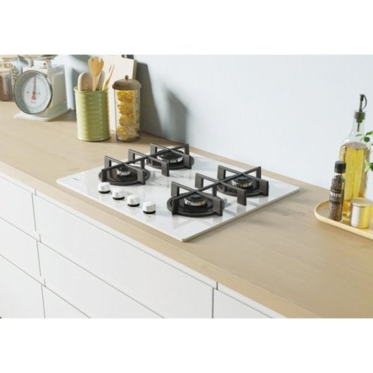 Plaque de cuisson Candy CVG6WW 59 cm gaz verre trempé 4 zones blanche intégrée