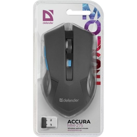 Mouse Defender ACCURA MM-275 Wireless RF 1600 DPI Nero Blu Ergonomico 6 Tasti