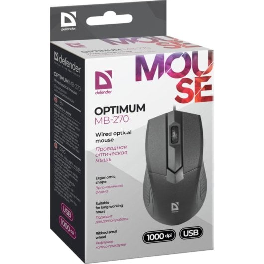 Mouse Defender Optimum MB-270 USB 1000 DPI Nero Ergonomico per Destra