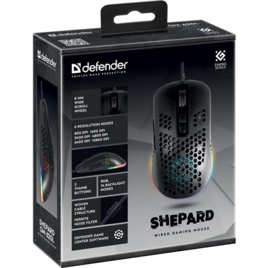 Mouse Defender SHEPARD GM-620L USB 12800 DPI Nero RGB 7 Tasti Gaming