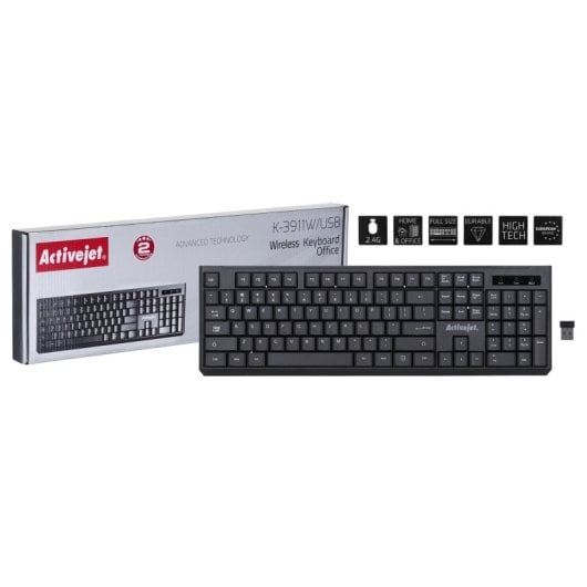 Clavier membrane Activejet K-3911W QWERTY US Sans Fil profil haut noir
