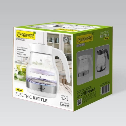 Bollitore Maestro MR061 1,7 L 2200 W Vetro Bianco Indicatore Acqua
